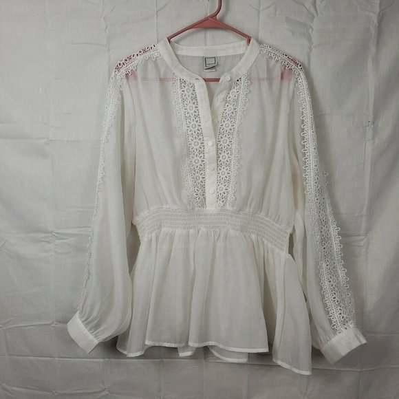 Lilian Tops - Lilian Womens White Semi Sheer Lace Long Sleeves Button Front Tunic Top Size 2X